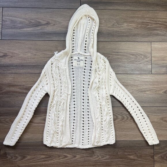 Abercrombie Kids Hooded Cardigan Sweater Girls Size 5/6 Fringe Loose Knit Cotton - Picture 1 of 10